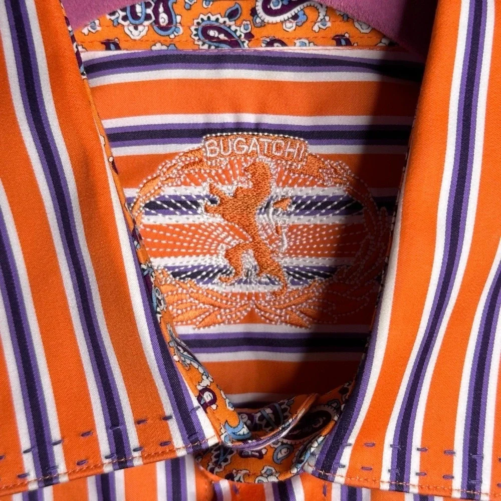 Bugatchi Orange Purple Striped Long Sleeve Button-Up Dress Shirt Sz M Modern Fit - Picture 12 of 15